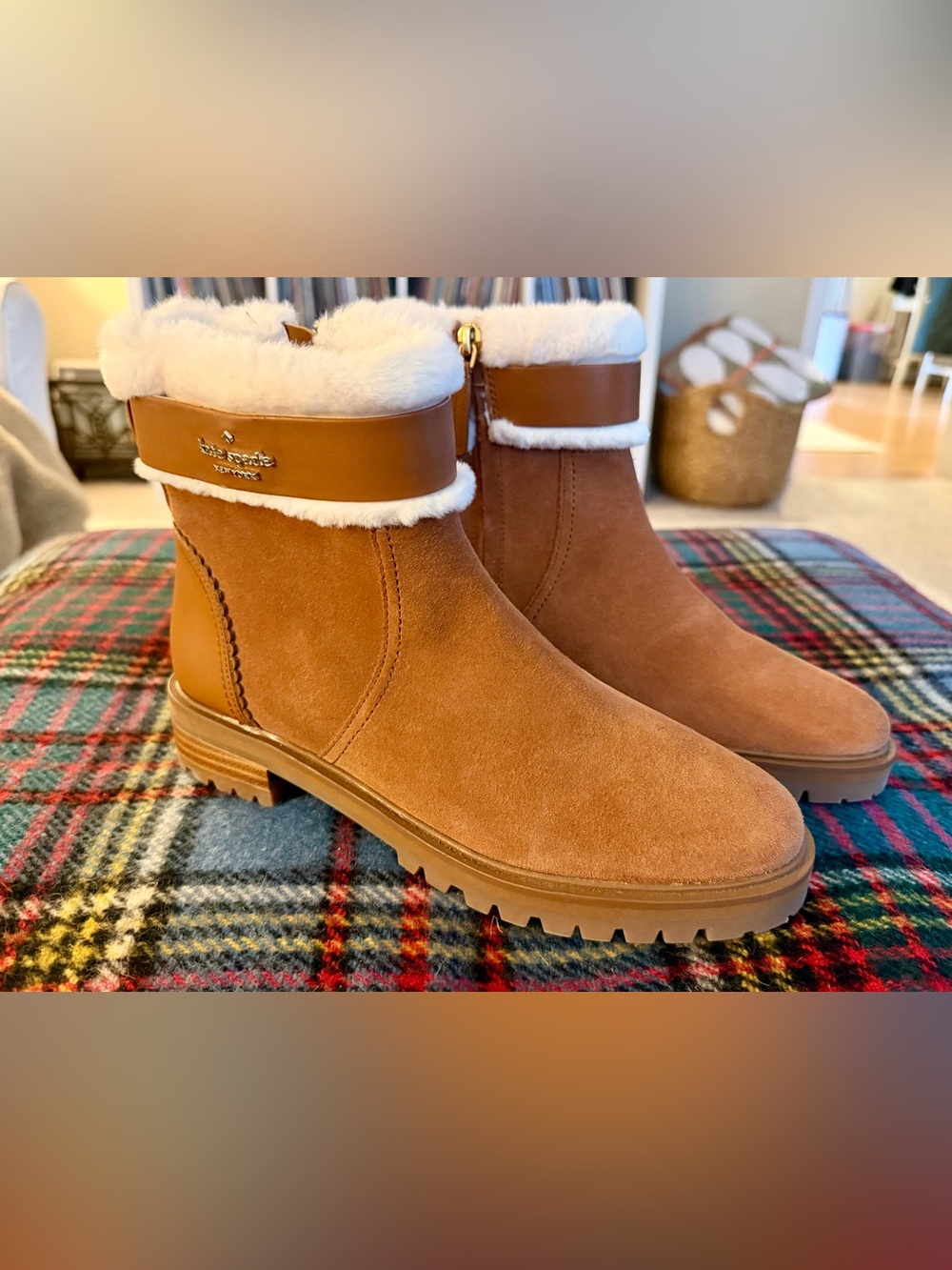 Size 7 Kate Spade Bailee Gingerbread Suede Winter Booties With Faux Fur Trim